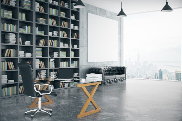 Blank poster in loft private office with book case, leather sofa, glassy table and big window, mock up, 3D render